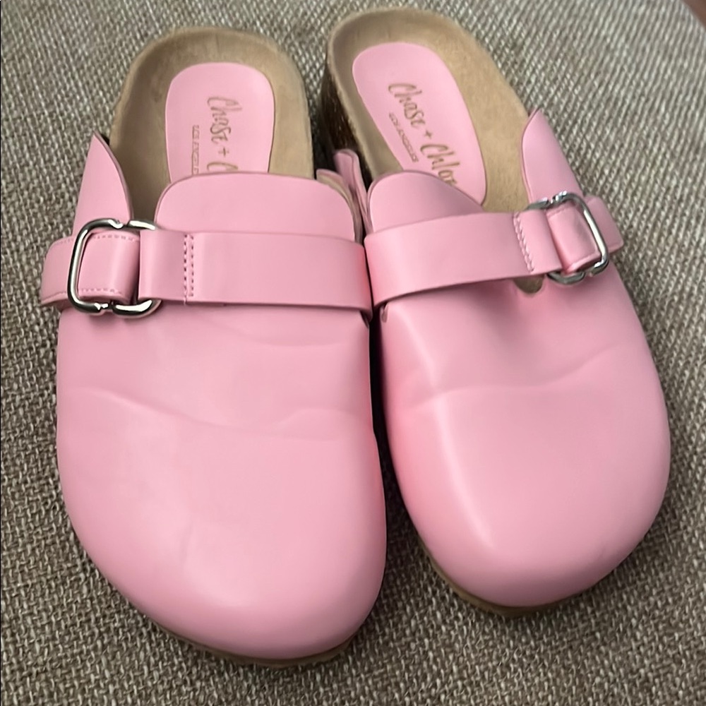 Chase + Chloe Pink Slip-On Mules with Silver Buckle